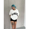 kadın Bisiklet Yaka Baskılı Oversize  Kısa kol T-Shirt - Beyaz