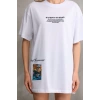 kadın Bisiklet Yaka Baskılı Oversize T-Shirt - Beyaz