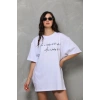 Kadın Kısa Kol Yazlık Tişört Bisiklet Yaka Baskılı Oversize T-Shirt - Beyaz