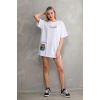 kadın Bisiklet Yaka Baskılı Oversize T-Shirt - Beyaz