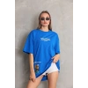 kadın Bisiklet Yaka Baskılı Oversize T-Shirt - Mavi