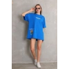 kadın Bisiklet Yaka Baskılı Oversize T-Shirt - Mavi