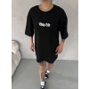 Kadın Kısa Kol Yazlık Tişört Bisiklet Yaka Baskılı Oversize T-Shirt -  Siyah