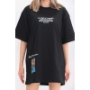 kadın  Bisiklet Yaka Baskılı Oversize T-Shirt - Siyah