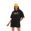 Kadın Kısa Kol Yazlık Tişört Bisiklet Yaka Baskılı Oversize T-Shirt - Siyah