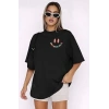 Kadın Baskılı T-Shirt Kısa Kol Bisiklet Yaka Oversize Rahat Kalıp Tişört - Siyah