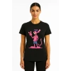Kadın Bisiklet Yaka Kısa Kollu Baskılı T-shirt - Siyah