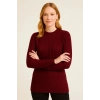 Kadın Bisiklet Yuvarlak Yaka Triko Kazak Pamuklu Kalın Fitilli Dokuma, Regular Fit Uzun Kollu Kışlık Model - Bordo