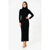 Kadın Boğazlı Triko Elbise – Uzun Fitilli Esnek Dokuma, Tam Kalıp, Kışlık & Baharlık Şık Rahat Stil, 130 cm Midi Boy Elbise - Siyah