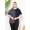 Kadın Büyük Beden Taş Detaylı Çizgili Viskon Tişört Bisiklet Yaka Rahat Kesim - Lacivert