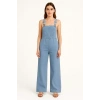Kadın Chambray Açık Mavi Denim Görünümlü Geniş Paça Salopet Tulum - Mavi