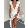 Kadın Derin V Yaka Etek Görünümlü Şortlu Elbise Drapeli Mini Yazlık - Beyaz