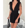 Kadın Derin V Yaka Etek Görünümlü Şortlu Elbise Drapeli Mini Yazlık - Siyah
