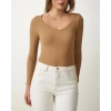 Kadın Fitilli Likralı Body Crop - Camel