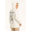 Kadın Oversize Kapüşonlu Kanguru Cepli Baskılı 3 İplik Pamuklu Sweatshirt Hoodie -   Beyaz