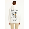 Kadın Oversize Kapüşonlu Kanguru Cepli Baskılı 3 İplik Pamuklu Sweatshirt Hoodie -   Beyaz