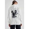 Kadın Oversize Kapüşonlu Cepli TUPAC Baskılı 3 İplik Pamuklu Hoodie Sweatshirt - Beyaz