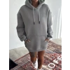 Kadın Kapüşonlu Kanguru Cepli 3 İplik Pamuklu Oversize Hoodie Sweatshirt -  Boyalı Gri