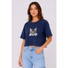 Kadın Kedi Baskılı Oversize Crop Tişört Salaş Basic Yarım Kol T-shirt - Lacivert
