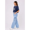 Kadın Kedi Baskılı Oversize Crop Tişört Salaş Basic Yarım Kol T-shirt - Lacivert