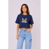 Kadın Kedi Baskılı Oversize Crop Tişört Salaş Basic Yarım Kol T-shirt - Lacivert