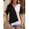 Kadın Kısa Kollu Kollardan Bağlamalı önden Asimetrik Kesim çift Renk Detaylı Düğmeli Ithal Krep Bluz