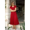 Kadın Kısa Kollu V Yakalı Yırtmaçlı Midi Viskon Elbise