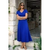 Kadın Kısa Kollu V Yakalı Yırtmaçlı Midi Viskon Elbise