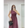 Kadın Kolsuz Göğüs Lastıklı %100 Poplin Uzun Elbise - Bordo