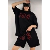 Kadın Nakış İşlemeli Şort Kısa kol Alt-Üst Takım - Siyah