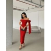 Kadın Omuz Dekolte Kurdele Detay Uzun Krep Elbise