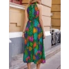 Kadın Omuzlardan Açık Daire Yaka Desenli Maxi Süprem Elbise