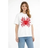 Kadın Örümcek Baskılı Tişört Kısa Kollu Bisiklet Yaka T-Shirt - Beyaz