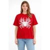 Kadın Örümcek Baskılı Tişört Kısa Kollu Bisiklet Yaka T-Shirt - Kırmızı