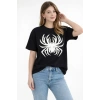 Kadın Örümcek Baskılı Tişört Kısa Kollu Bisiklet Yaka T-Shirt - Siyah