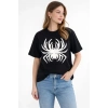 Kadın Örümcek Baskılı Tişört Kısa Kollu Bisiklet Yaka T-Shirt - Siyah