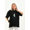 Kadın T-Shirt Penguen Baskılı Bisiklet Yaka Kısa kol yazlık Tişört - Siyah