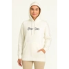 Kadın Kapüşonlu Kanguru Cepli Sweatshirt 3 İplik Pamuklu Baskılı Hoodie - Beyaz