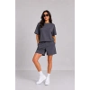 Kadın Premium Osy Modal Yumuşak Dokulu Tişört Cepli Şort Alt Üst Takım - Füme