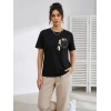 Kadın Sevimli Kedi Cep Baskılı Tişört Kısa Kol Yazlık T-Shirt - Siyah