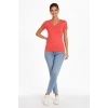Kadın V Yaka Slim Fit Likralı Tişört - Nar Çiçeği