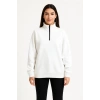 Kadın 3 İplik Pamuklu Dık Yaka Yarım Fermuarlı SweatShirt - Beyaz