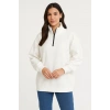 Kadın 3 İplik Pamuklu Dık Yaka Yarım Fermuarlı SweatShirt - Beyaz