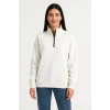 Kadın Üç İplik Dık Yaka Yarım Fermuarlı SweatShirt - Beyaz