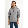 Kadın 3 İplik Pamuklu Dık Yaka Yarım Fermuarlı SweatShirt - Gri