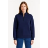 Kadın 3 İplik Pamuklu Dık Yaka Yarım Fermuarlı SweatShirt - Lacivert