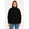 Kadın 3 İplik Pamuklu Dık Yaka Yarım Fermuarlı SweatShirt - Siyah