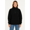 Kadın Üç İplik Dık Yaka Yarım Fermuarlı SweatShirt - Siyah