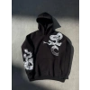 Kadın Oversize Kapüşonlu Cepli Baskılı 3 İplik Pamuklu Hoodie Sweatshirt - Siyah