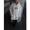Kadın Kapüşonlu Kanguru Cepli Sweatshirt 3 İplik Pamuklu Baskılı Hoodie - Beyaz